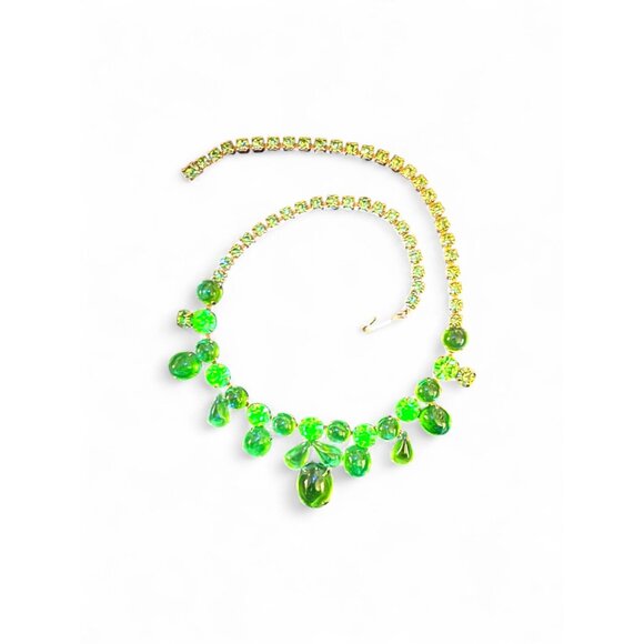 Vintage Green Jelly Glass Cab Necklace Rhinestones UV Glow Uranium Glass 40s 50s - Picture 2 of 7
